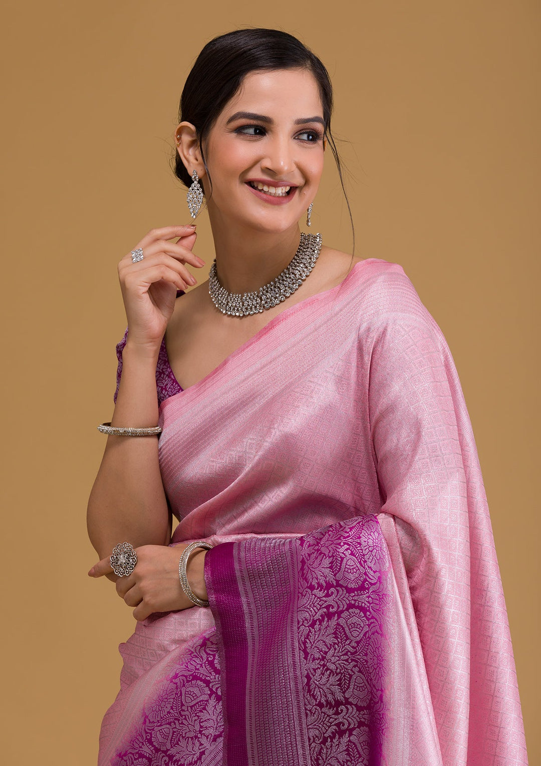Pink Zariwork Banarasi Saree-Koskii