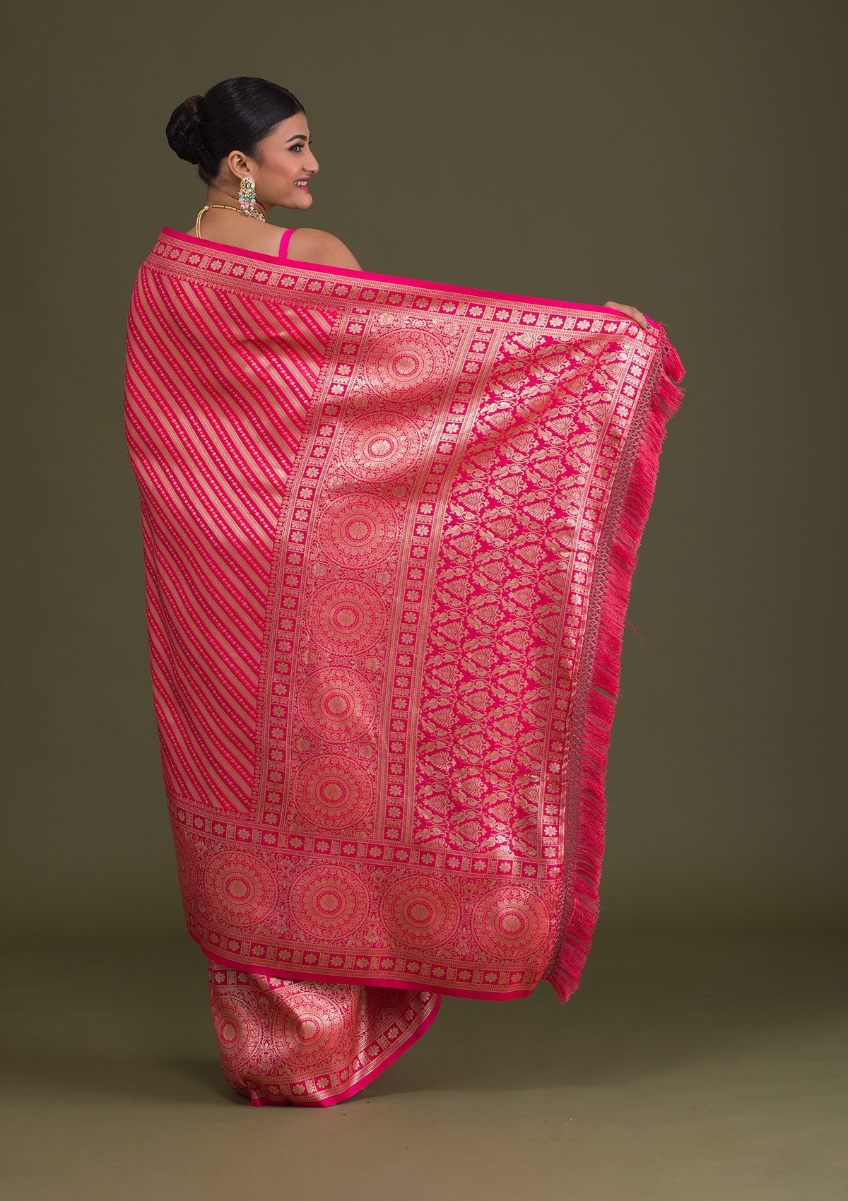 Pink Zariwork Art Silk Unstitched Saree-Koskii