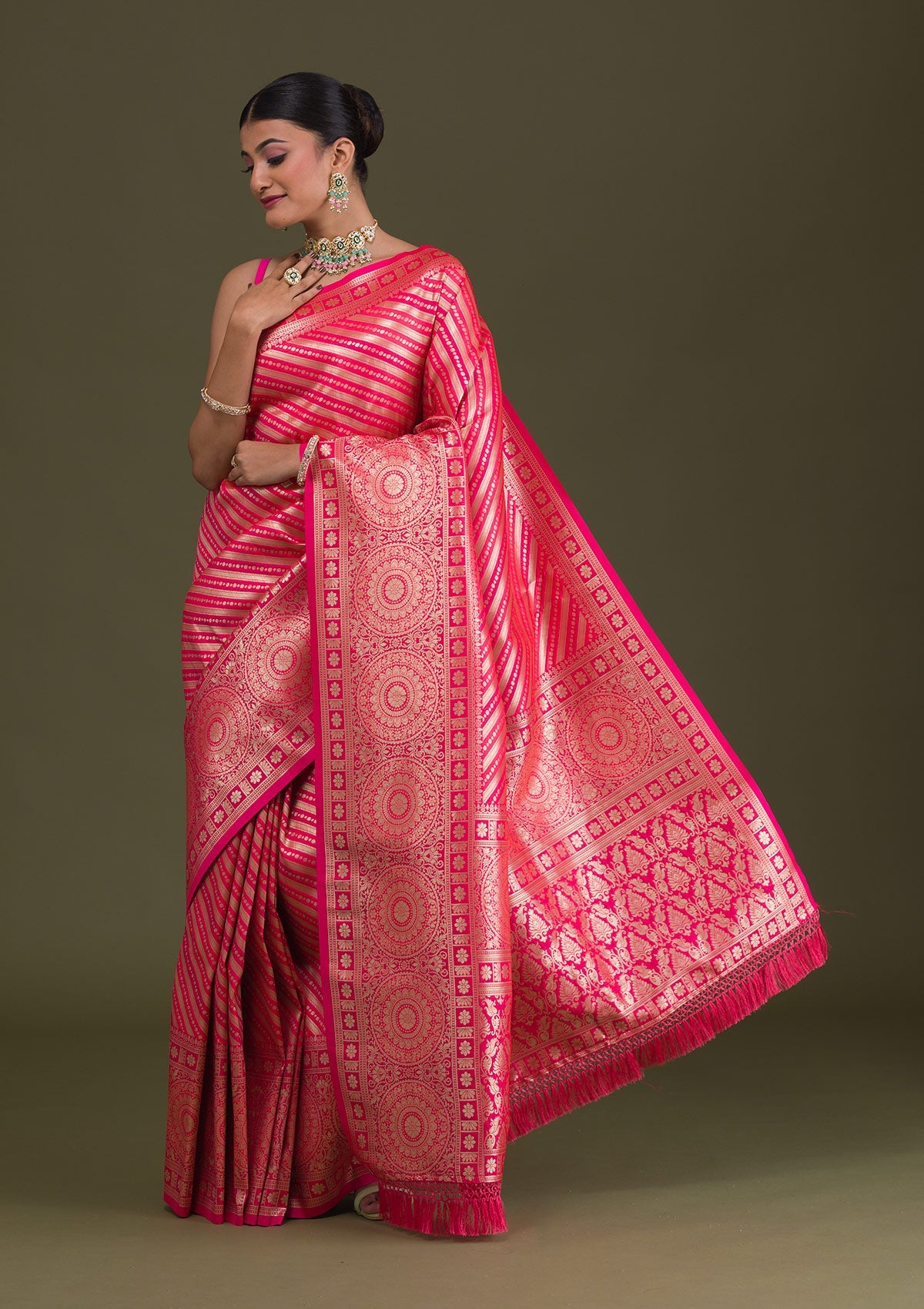 Pink Zariwork Art Silk Unstitched Saree-Koskii