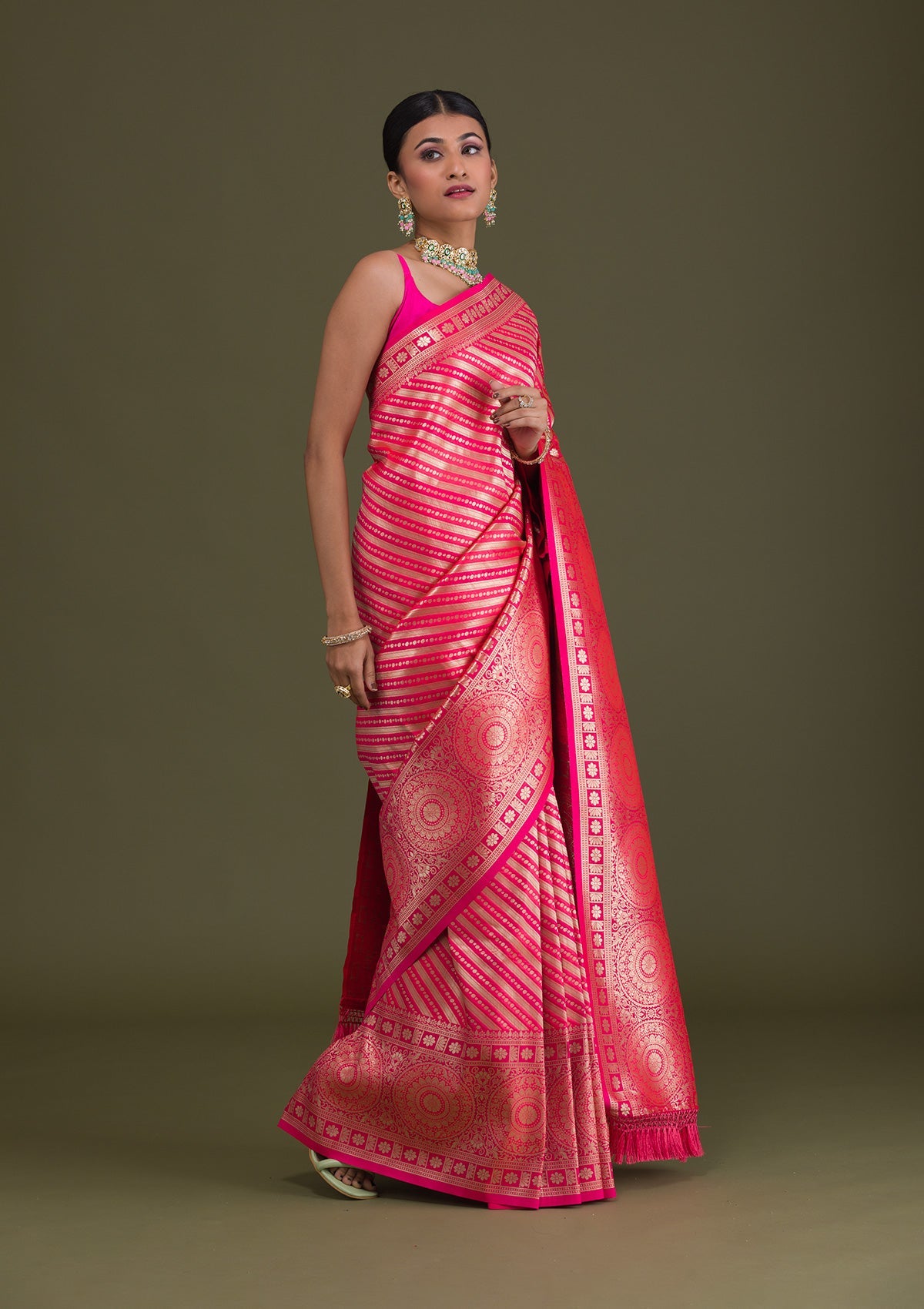 Pink Zariwork Art Silk Unstitched Saree-Koskii