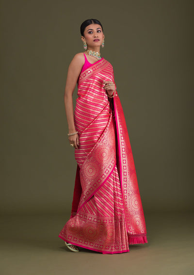 Pink Zariwork Art Silk Unstitched Saree-Koskii