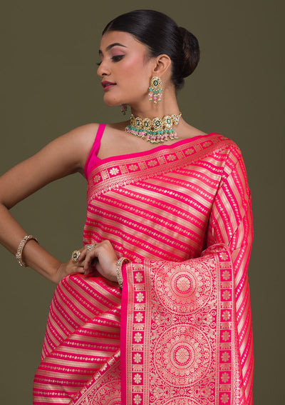 Pink Zariwork Art Silk Unstitched Saree-Koskii