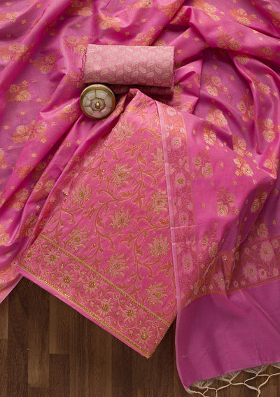 Pink Zariwork Banarasi Unstitched Salwar Suit-Koskii