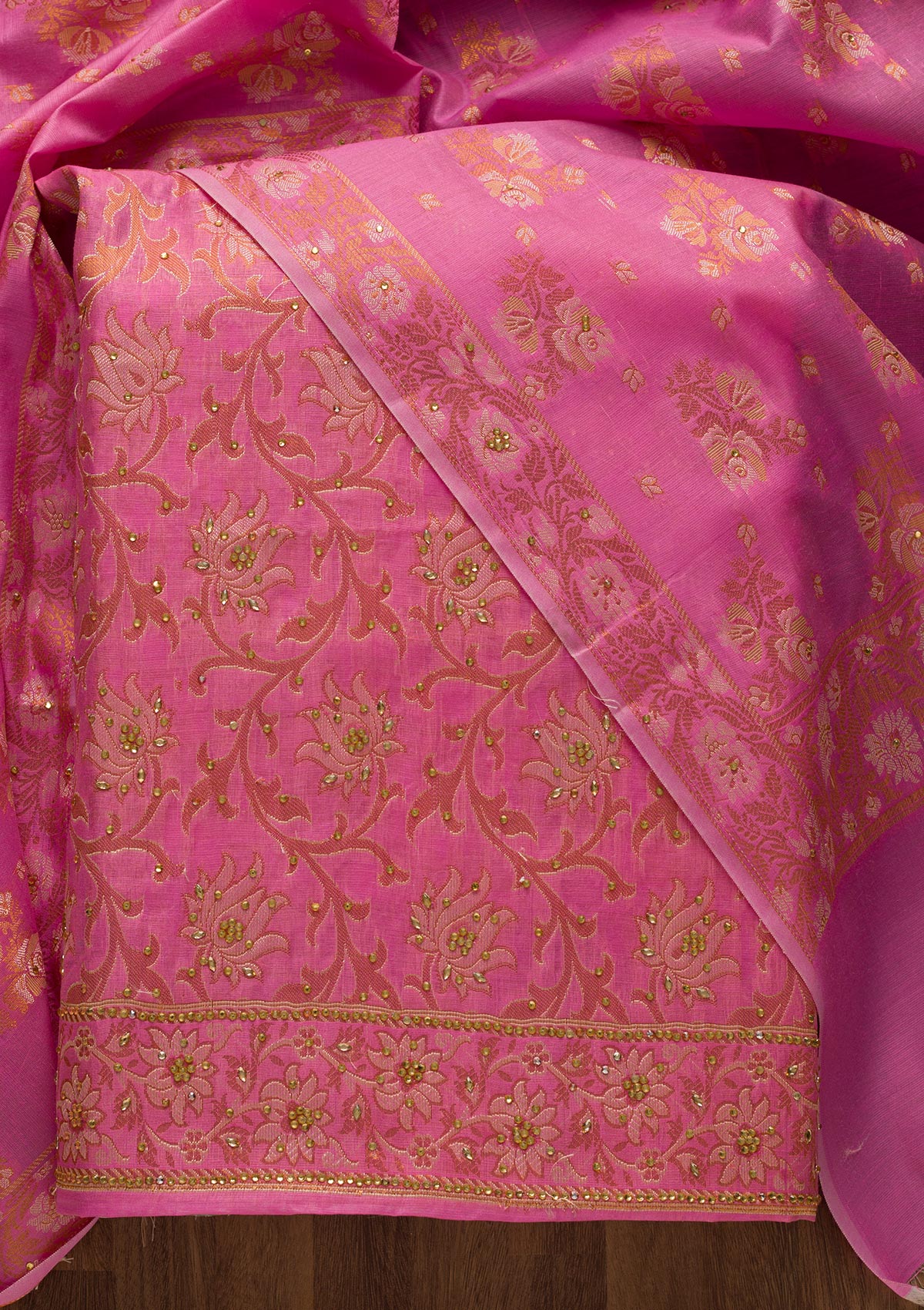 Pink Zariwork Banarasi Unstitched Salwar Suit-Koskii