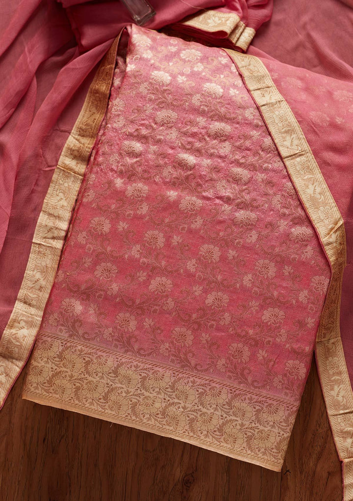 Pink Zariwork Brocade Designer Unstitched Salwar Suit - koskii