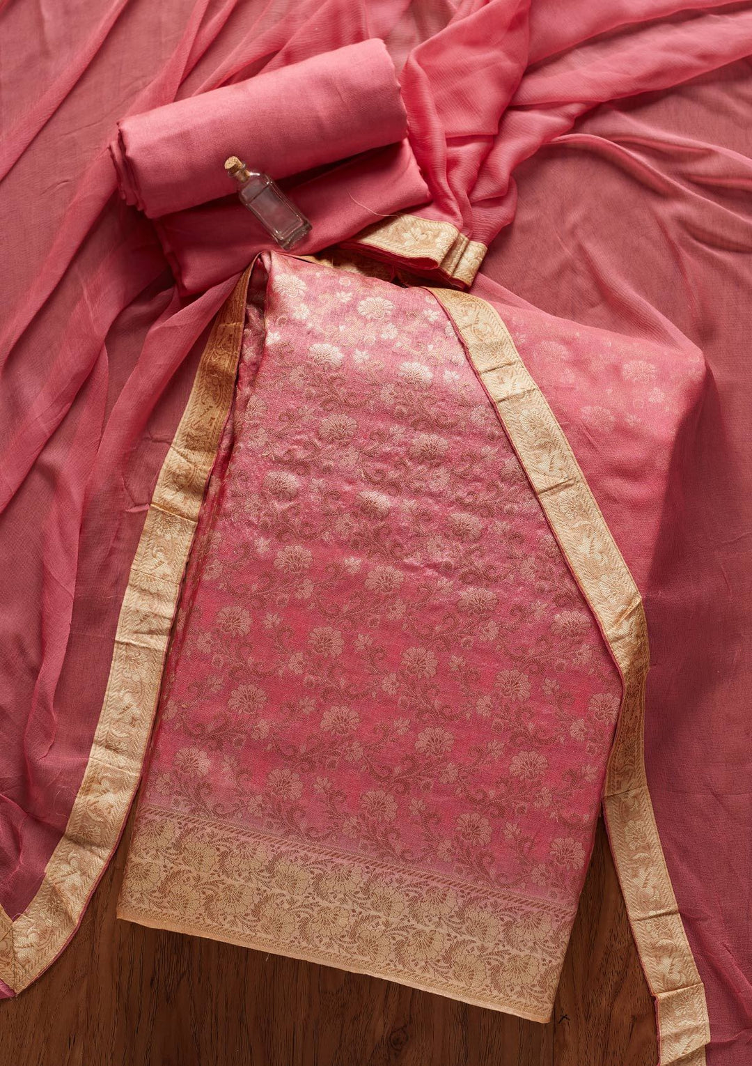 Pink Zariwork Brocade Designer Unstitched Salwar Suit - koskii