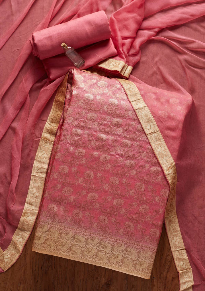 Pink Zariwork Brocade Designer Unstitched Salwar Suit - koskii