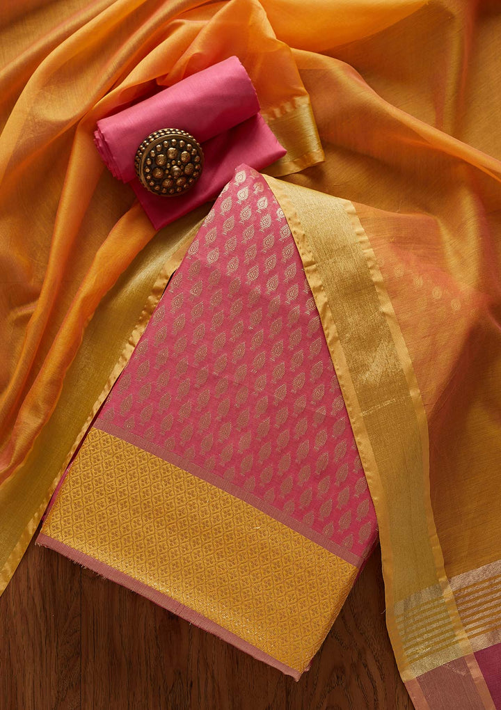 Pink Zariwork Brocade Designer Unstitched Salwar Suit - Koskii