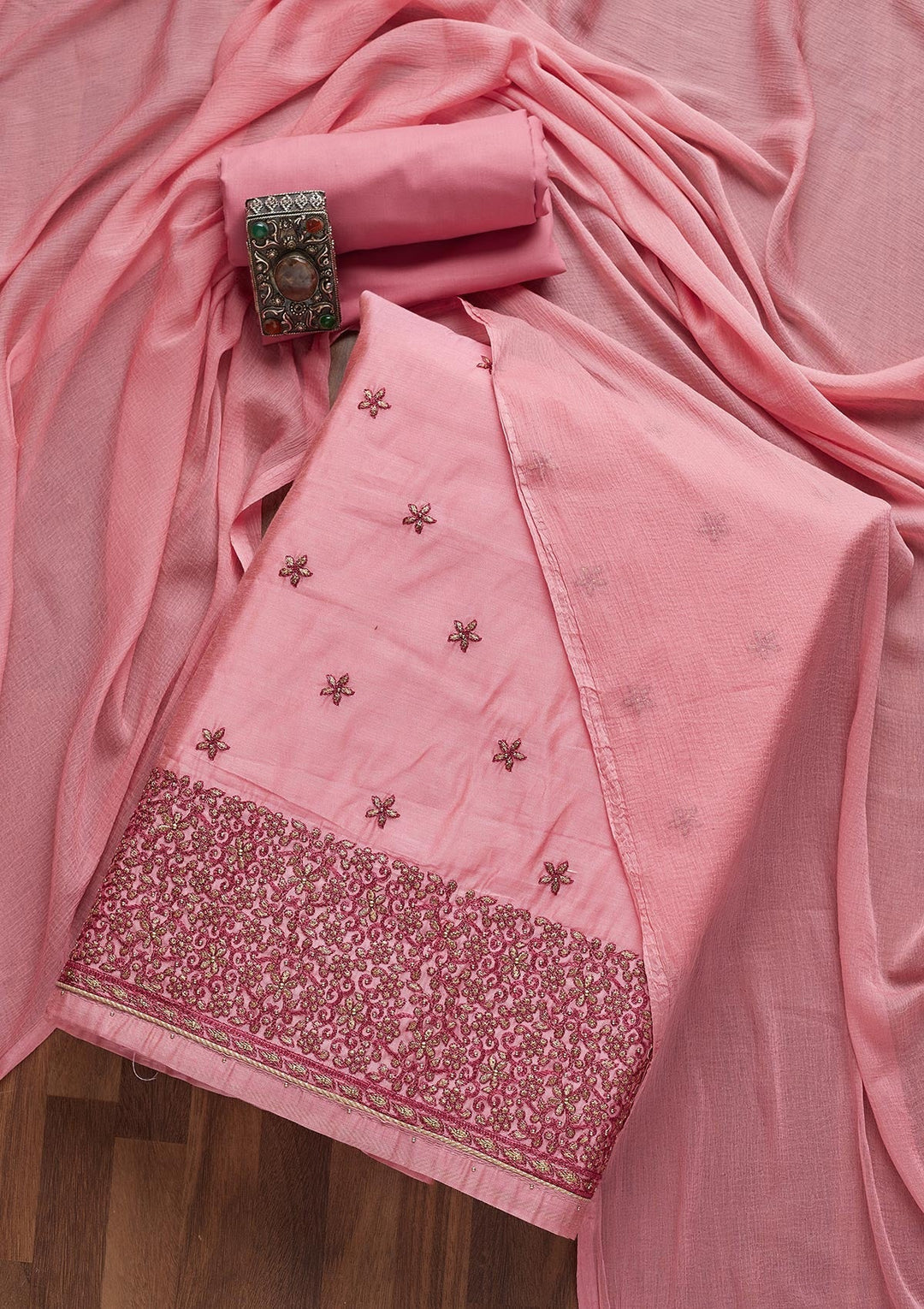 Pink Zariwork Chanderi Unstitched Salwar Suit- Koskii