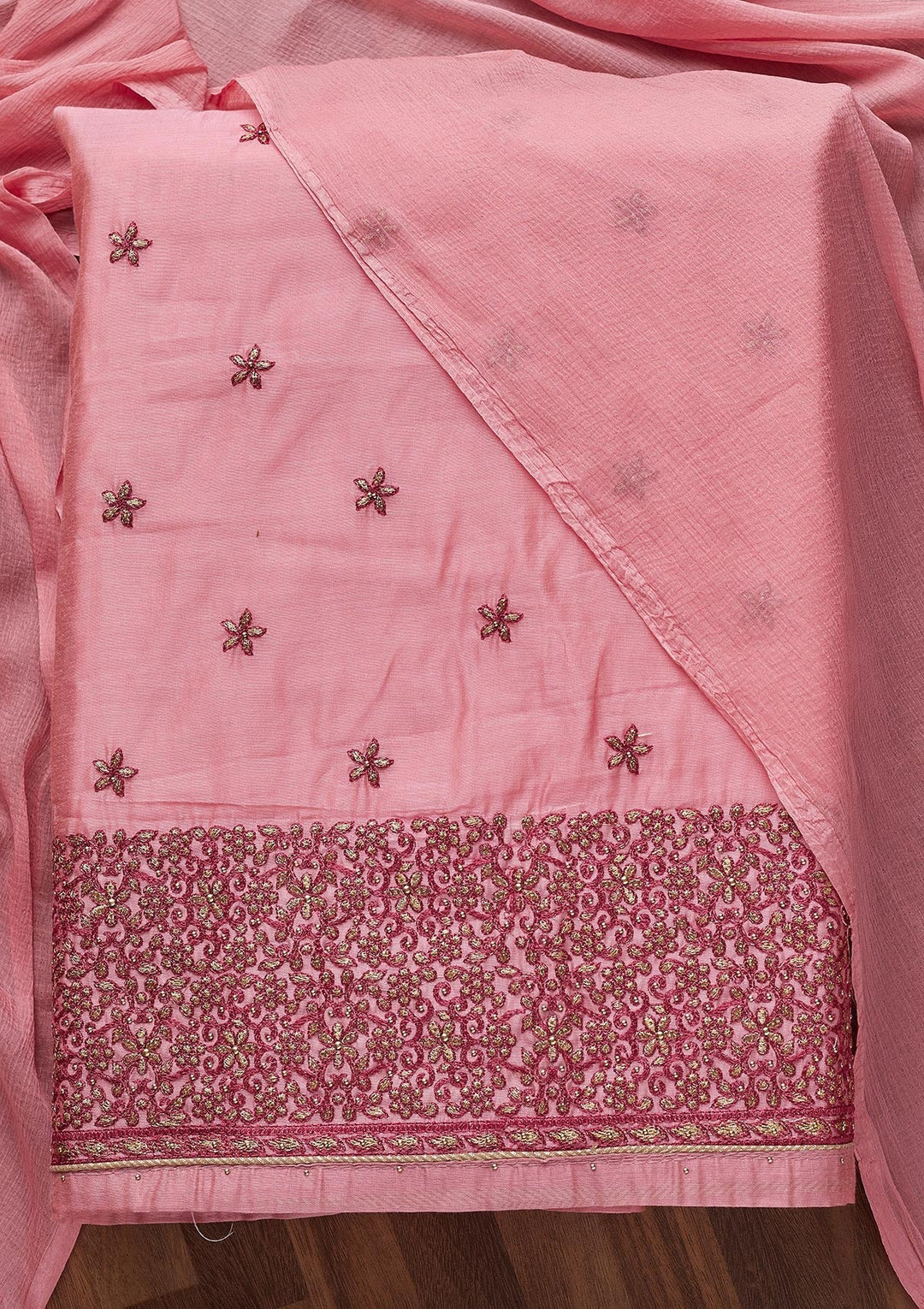 Pink Zariwork Chanderi Unstitched Salwar Suit - Koskii