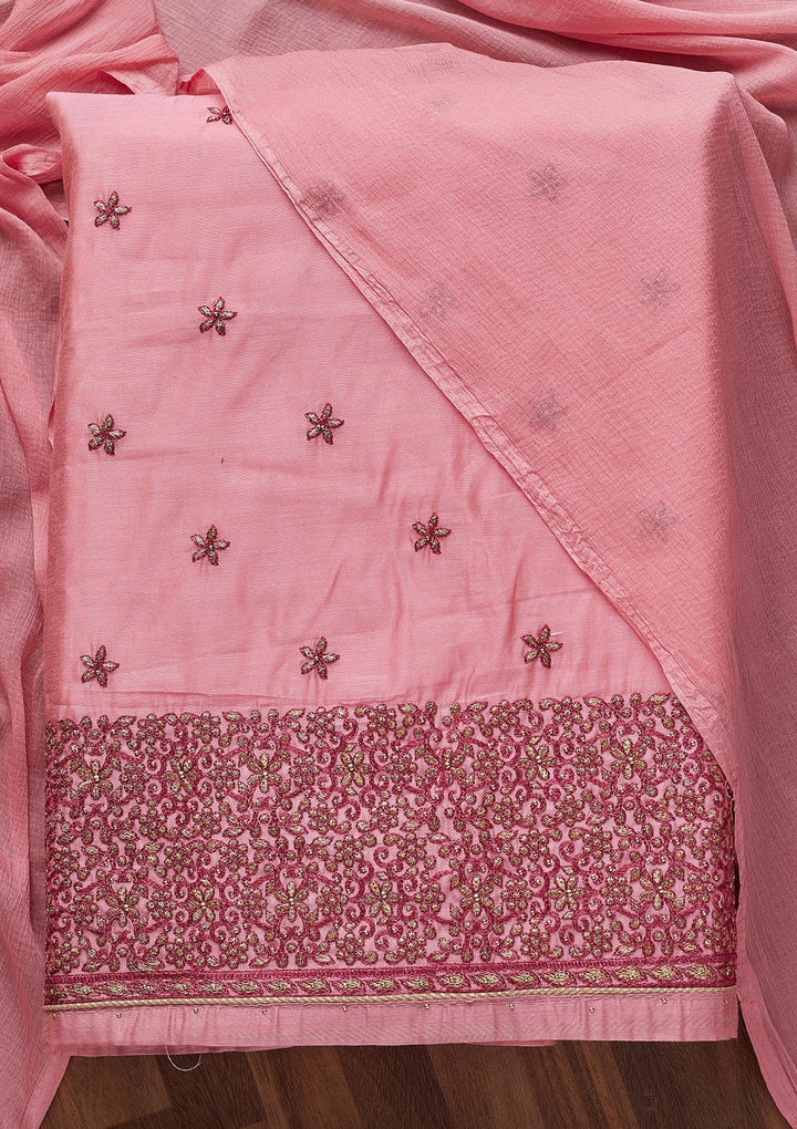Pink Zariwork Chanderi Unstitched Salwar Suit - Koskii
