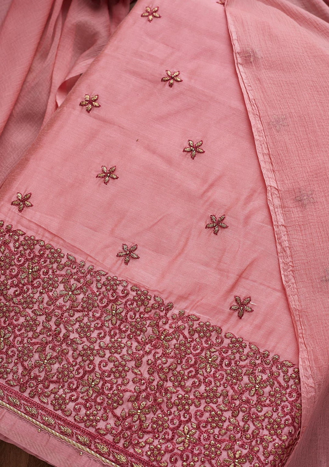 Pink Zariwork Chanderi Unstitched Salwar Suit - Koskii