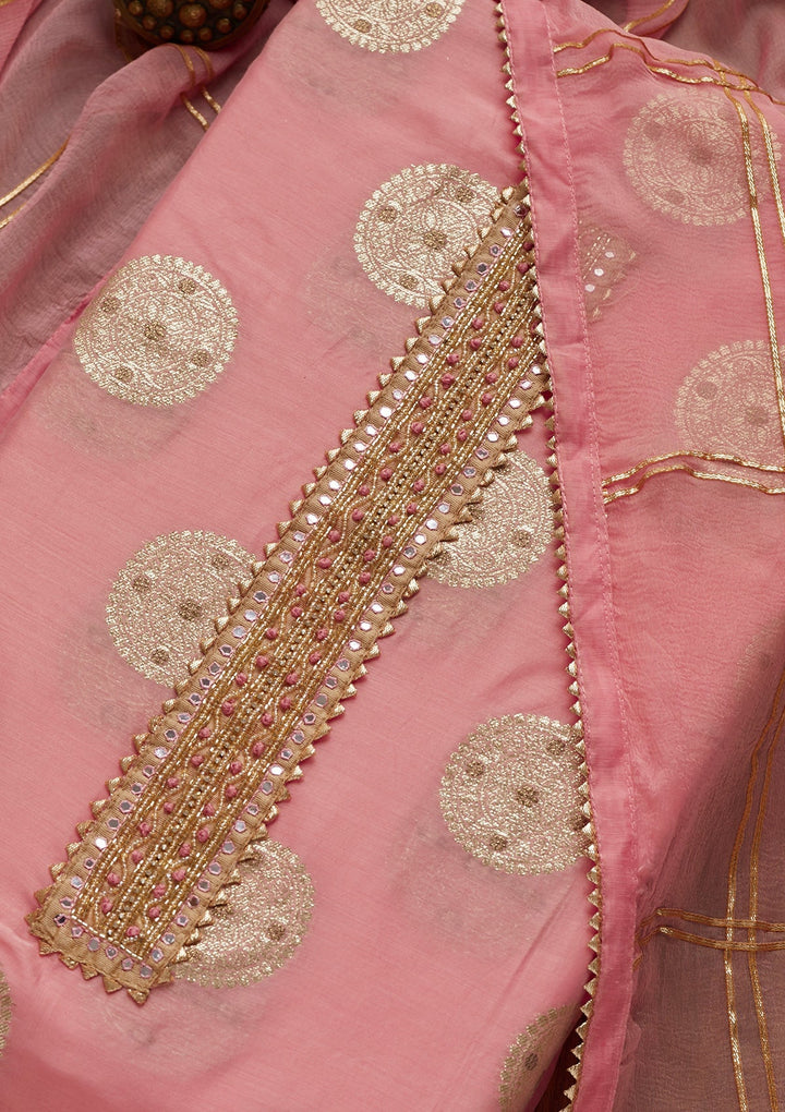 Pink Zariwork Chanderi Unstitched Salwar Suit - Koskii