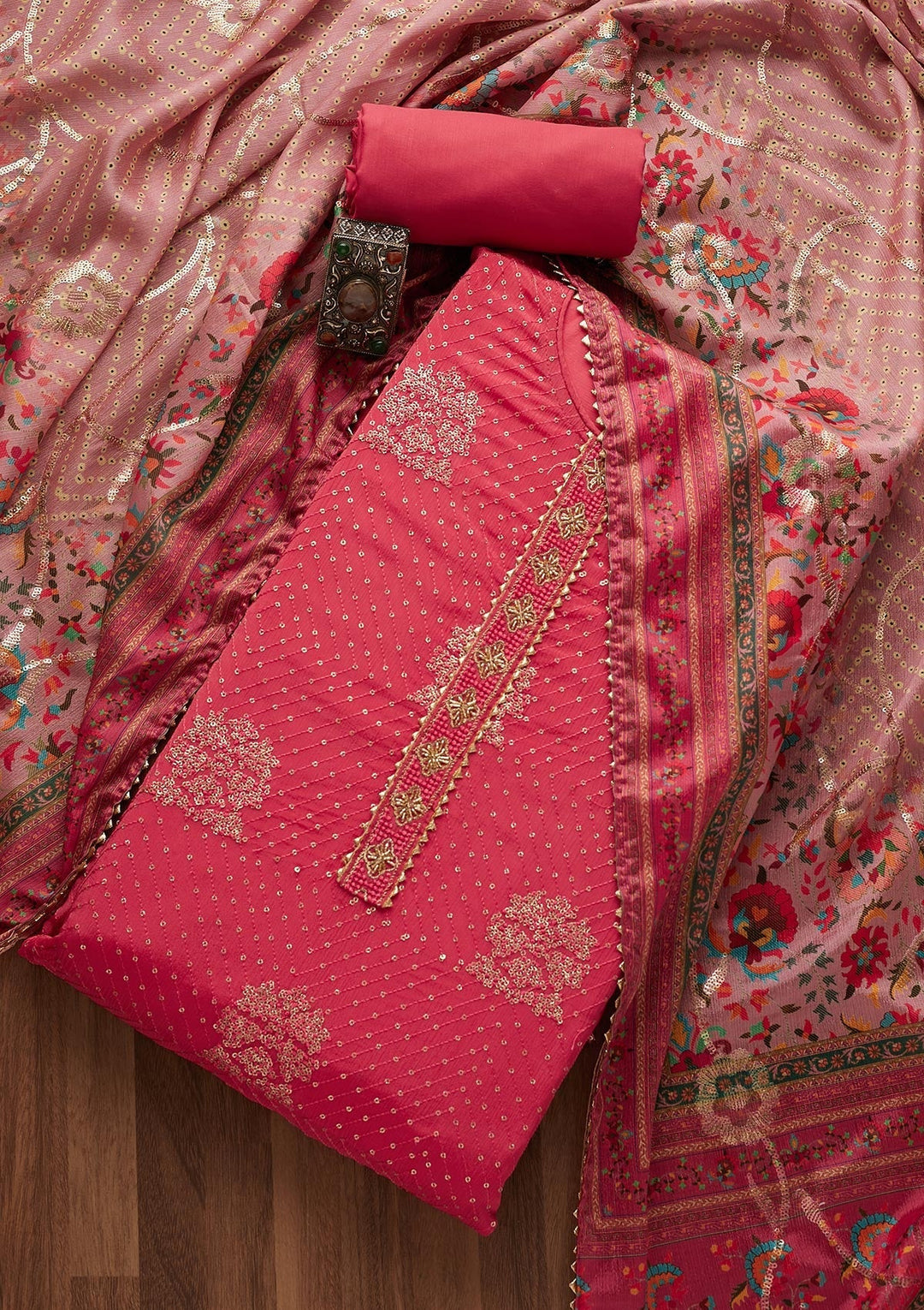 Pink Zariwork Chanderi Unstitched Salwar Suit-Koskii
