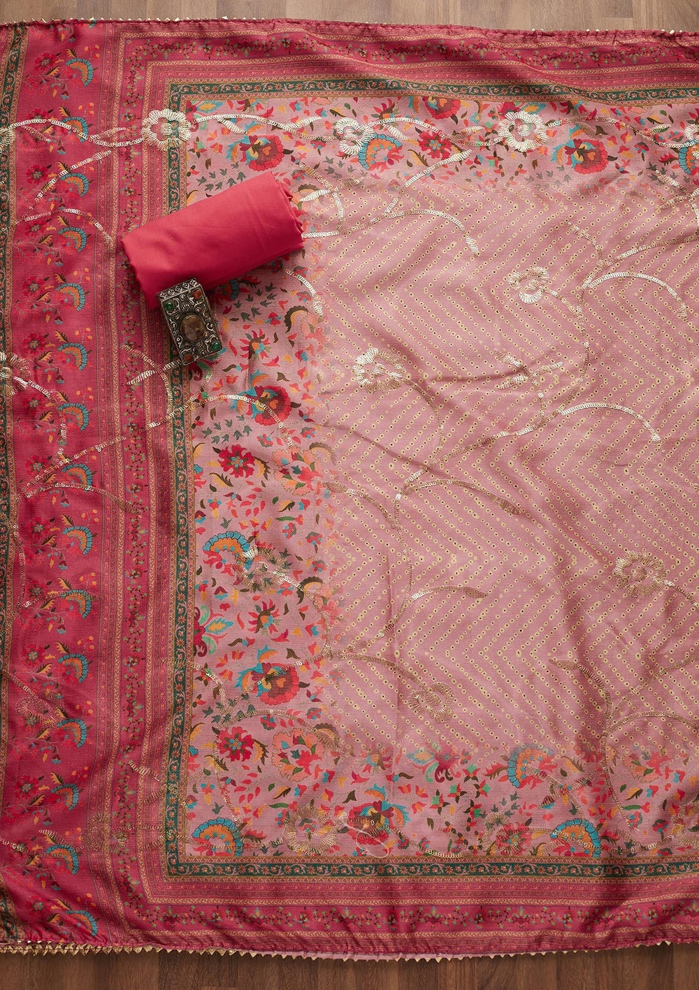 Pink Zariwork Chanderi Unstitched Salwar Suit-Koskii