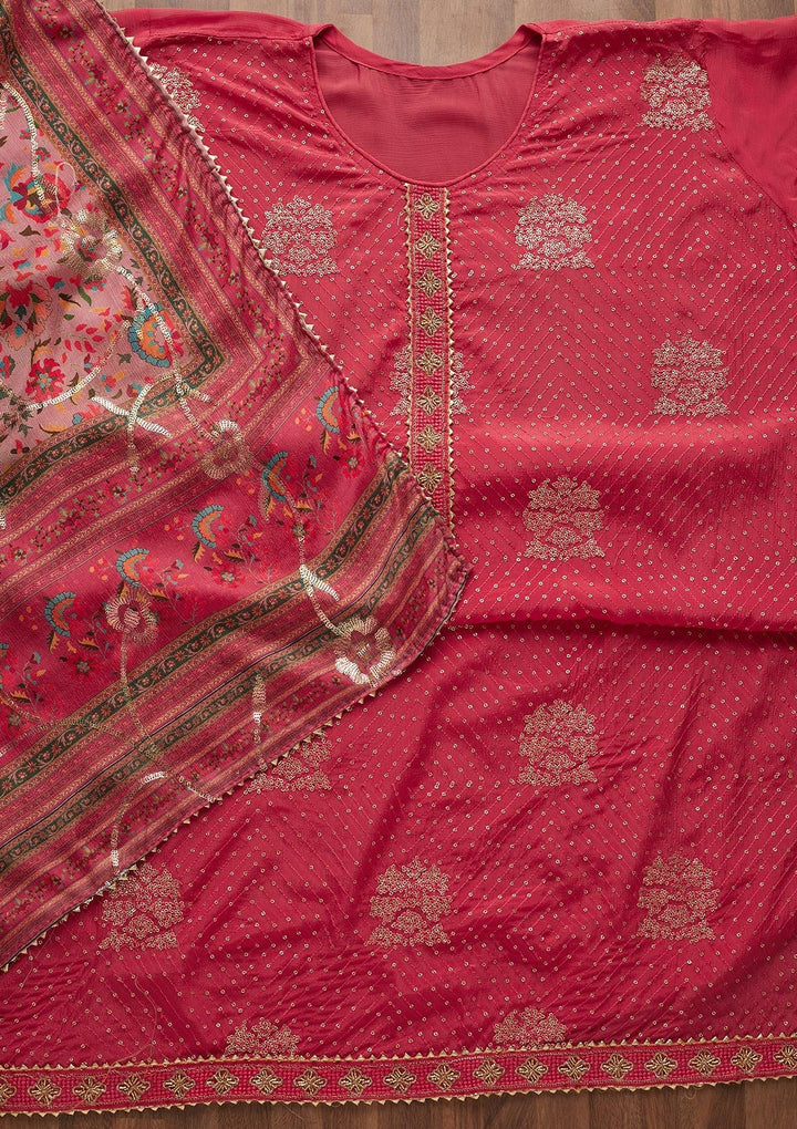 Pink Zariwork Chanderi Unstitched Salwar Suit-Koskii