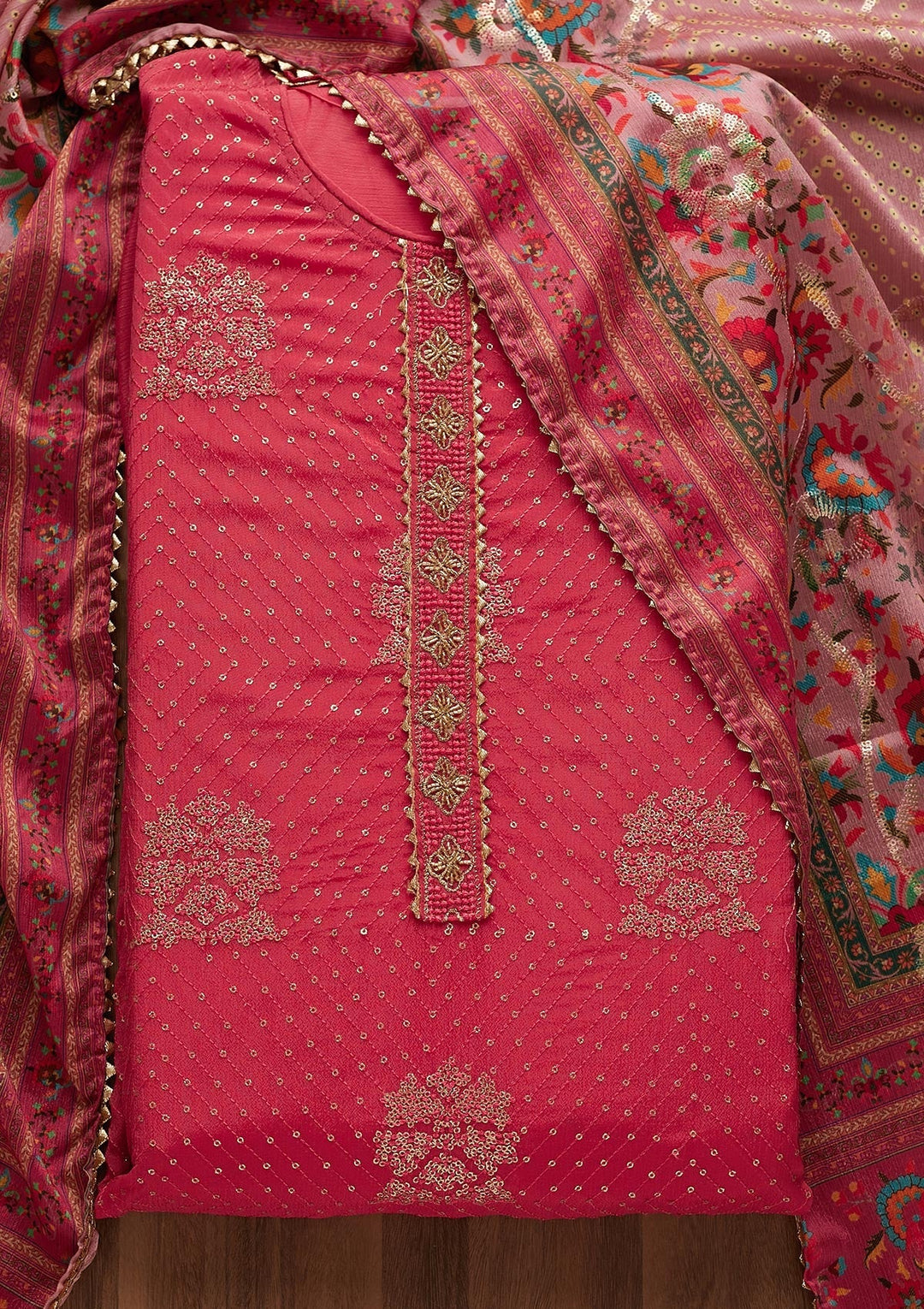 Pink Zariwork Chanderi Unstitched Salwar Suit-Koskii