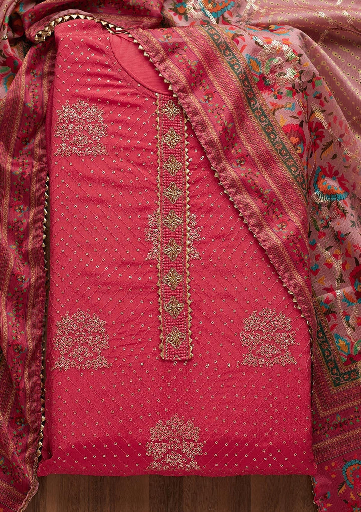 Pink Zariwork Chanderi Unstitched Salwar Suit-Koskii