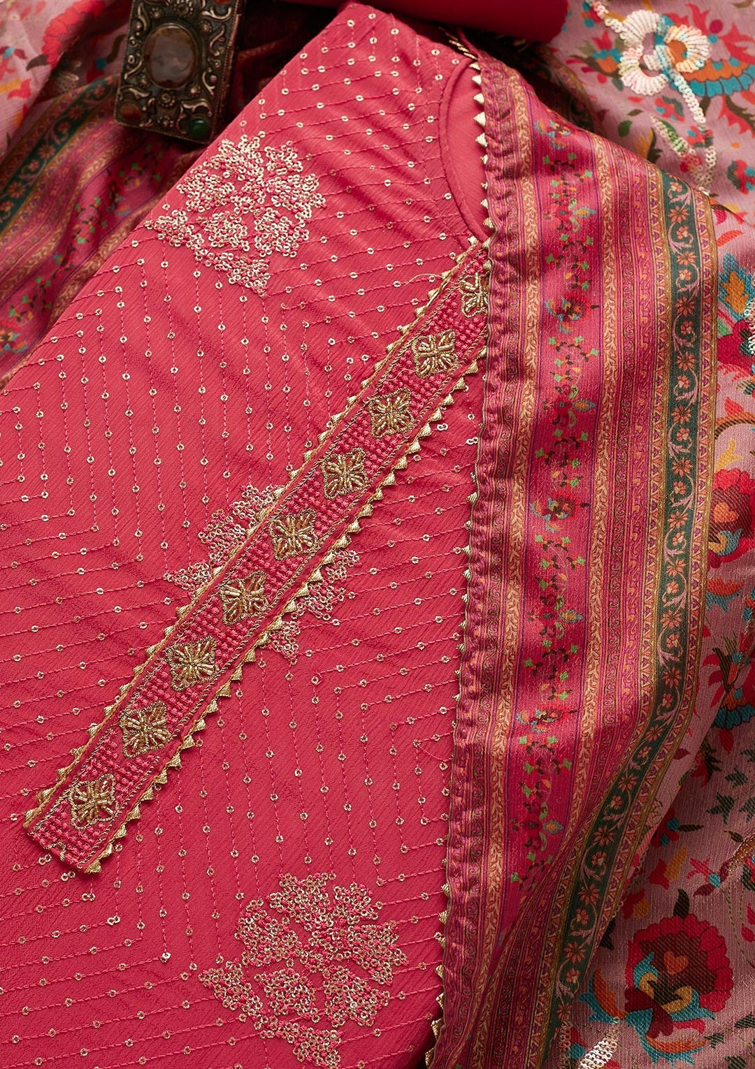 Pink Zariwork Chanderi Unstitched Salwar Suit-Koskii