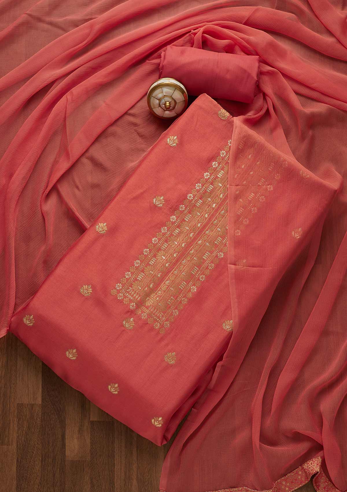 Pink Zariwork Chanderi Unstitched Salwar Suit-Koskii