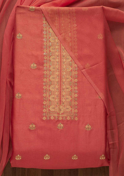 Pink Zariwork Chanderi Unstitched Salwar Suit-Koskii