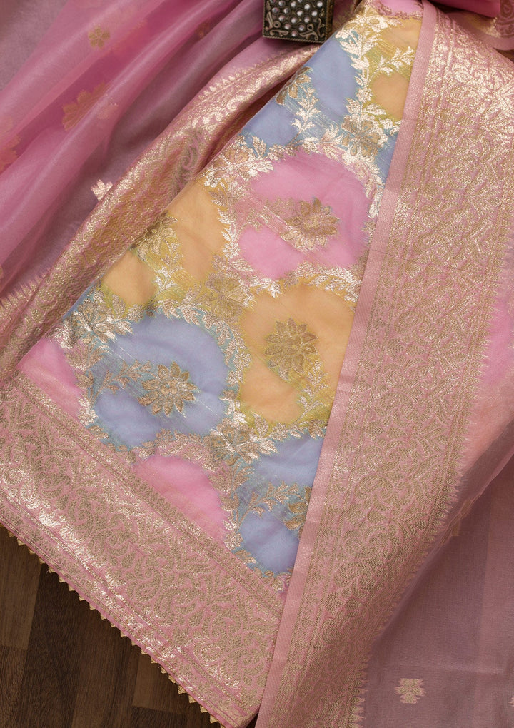 Pink Zariwork Chanderi Unstitched Salwar Suit-Koskii