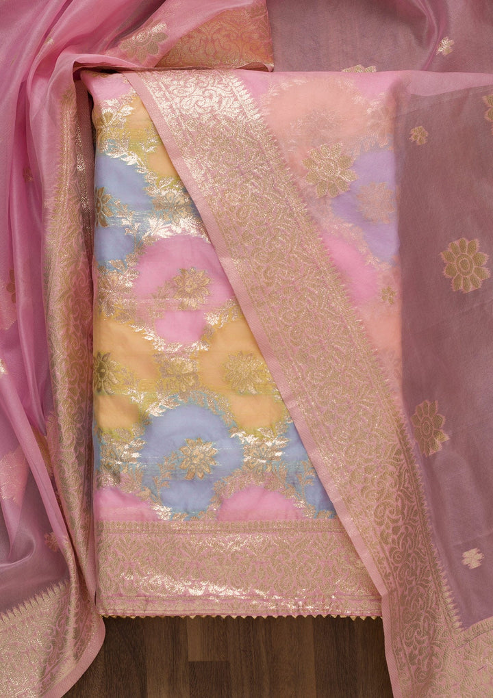 Pink Zariwork Chanderi Unstitched Salwar Suit-Koskii