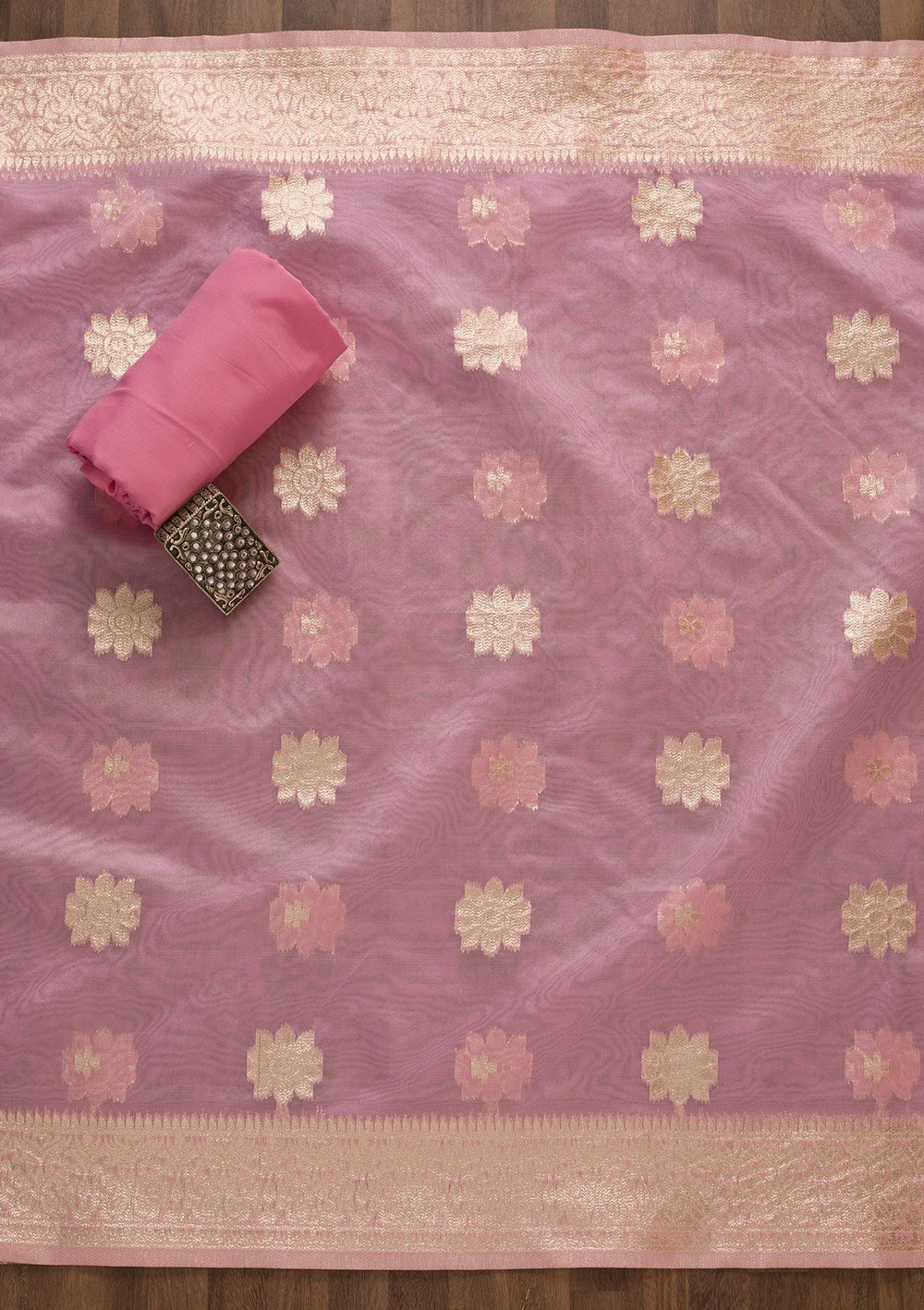 Pink Zariwork Chanderi Unstitched Salwar Suit-Koskii