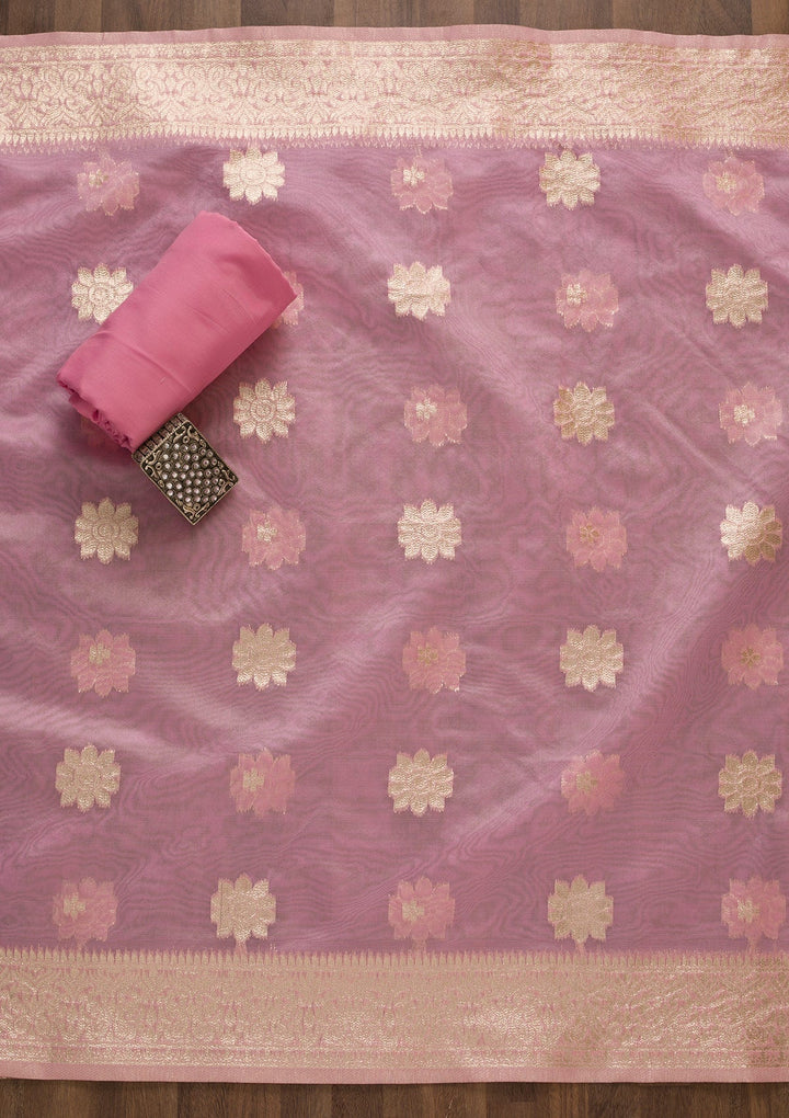 Pink Zariwork Chanderi Unstitched Salwar Suit-Koskii
