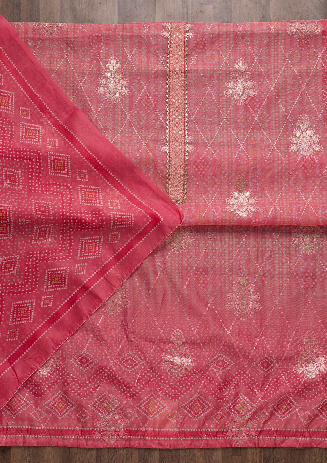 Pink Zariwork Chanderi Unstitched Salwar Suit-Koskii
