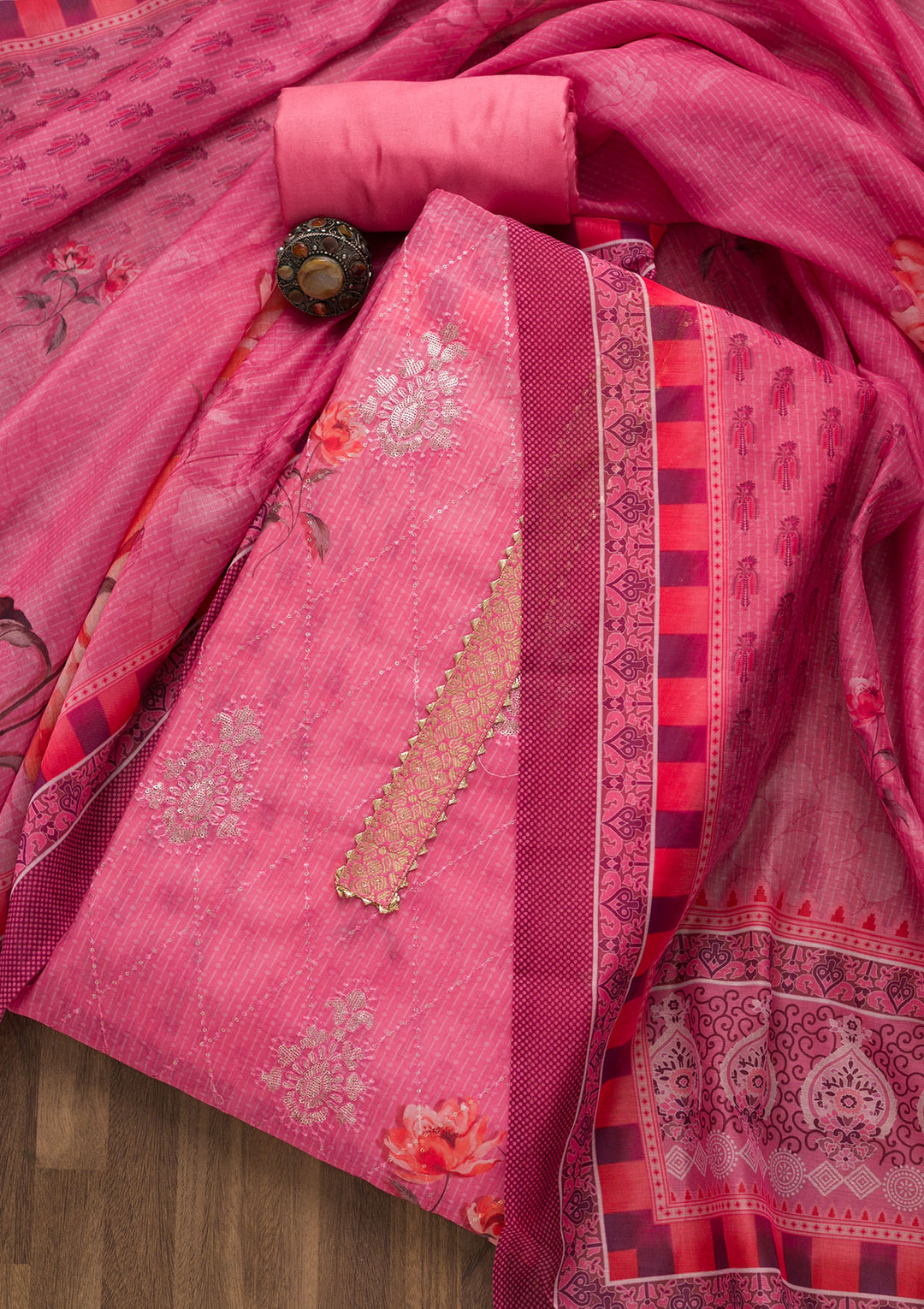 Pink Zariwork Chanderi Unstitched Salwar Suit-Koskii