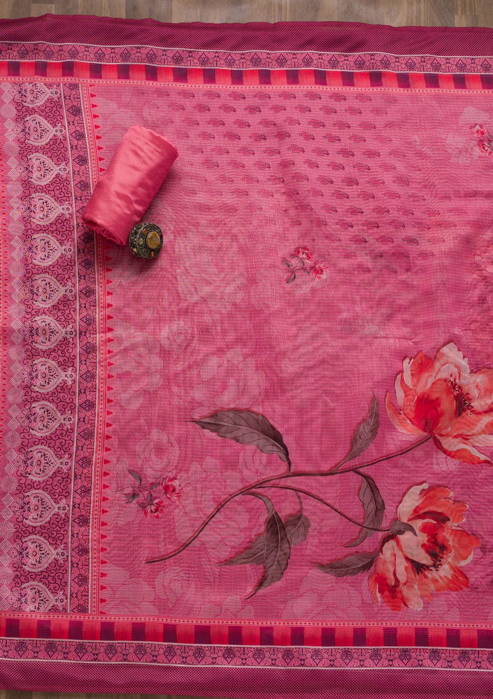 Pink Zariwork Chanderi Unstitched Salwar Suit-Koskii