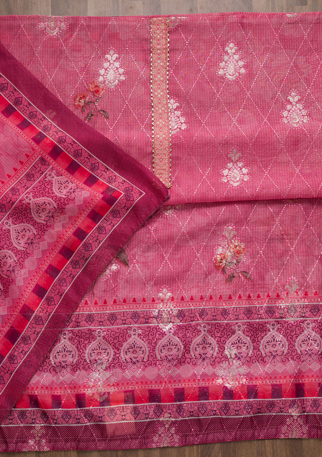 Pink Zariwork Chanderi Unstitched Salwar Suit-Koskii