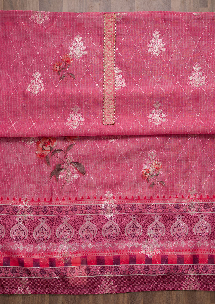 Pink Zariwork Chanderi Unstitched Salwar Suit-Koskii