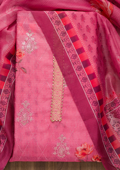 Pink Zariwork Chanderi Unstitched Salwar Suit-Koskii