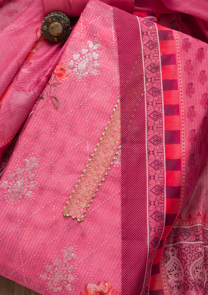 Pink Zariwork Chanderi Unstitched Salwar Suit-Koskii
