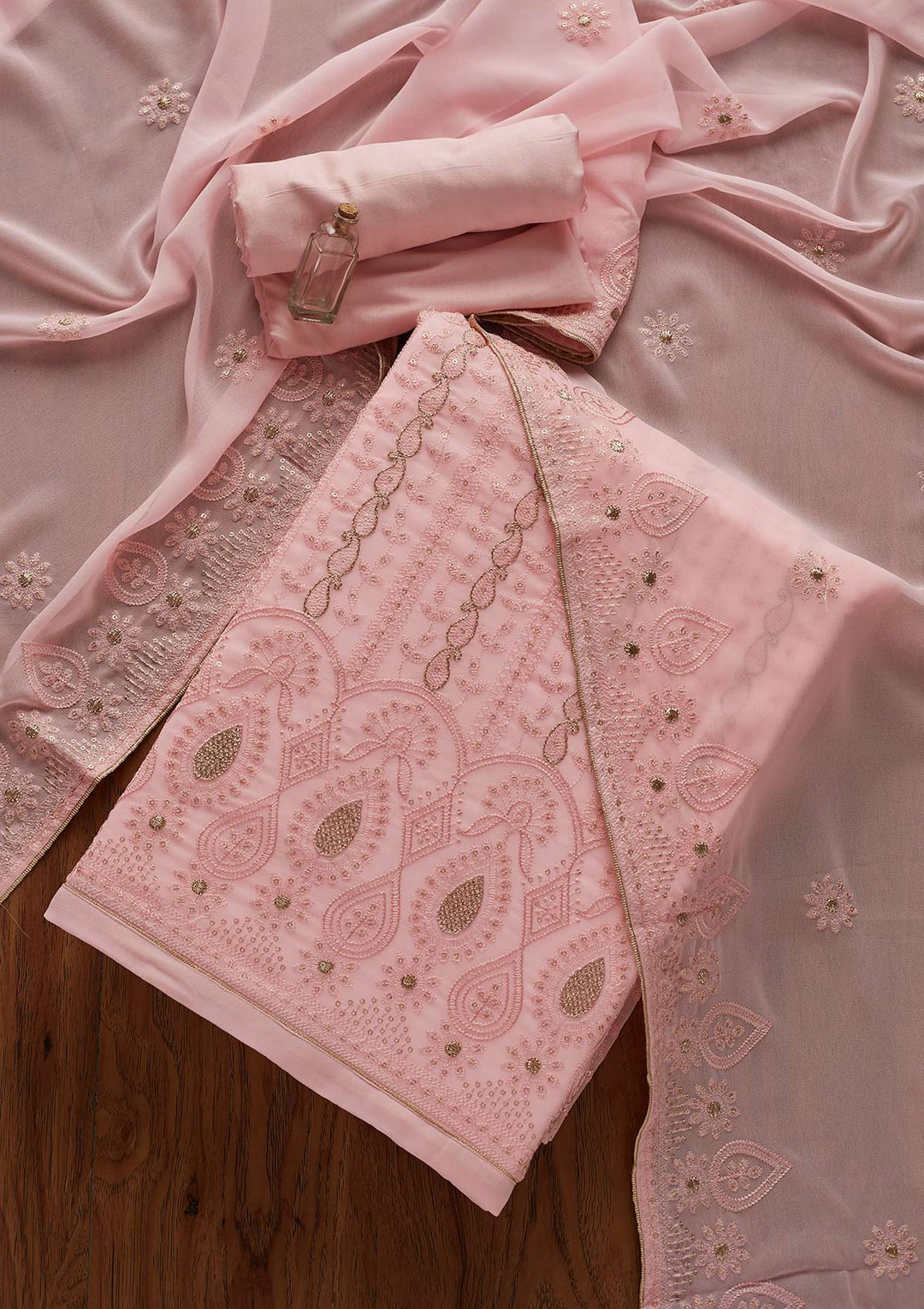Pink Zariwork Chiffon Designer Unstitched Salwar Suit - Koskii
