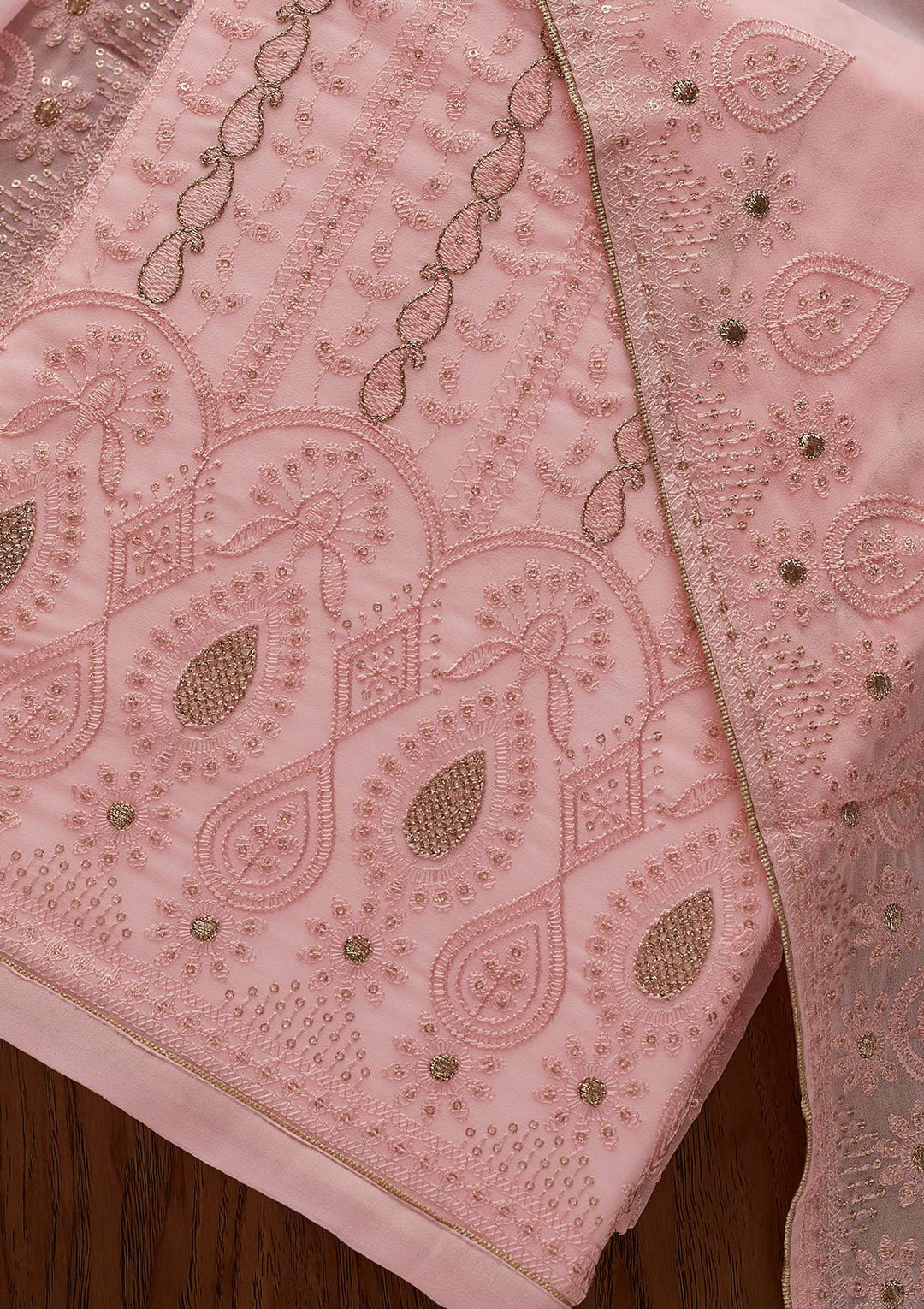 Pink Zariwork Chiffon Designer Unstitched Salwar Suit - Koskii