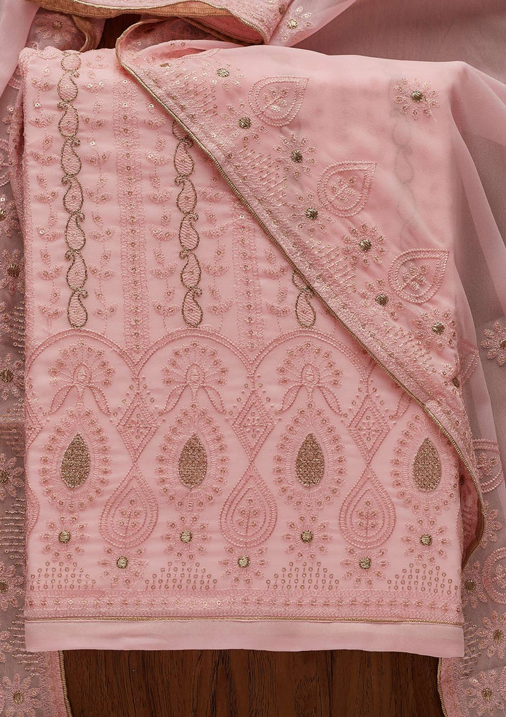 Pink Zariwork Chiffon Designer Unstitched Salwar Suit - Koskii