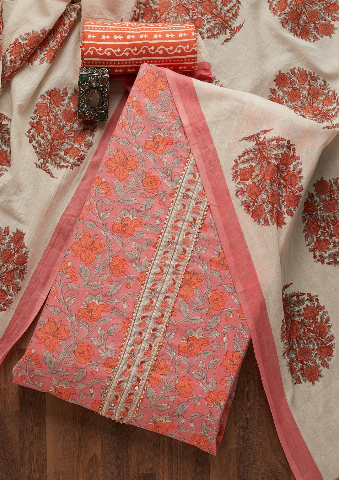 Pink Zariwork Cotton Unstitched Salwar Suit-Koskii