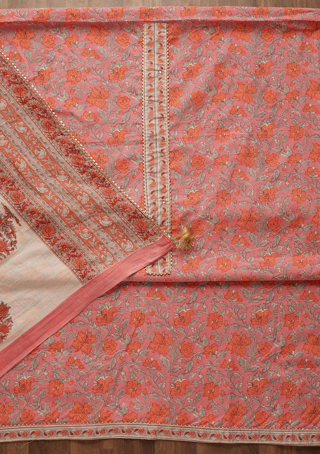 Pink Zariwork Cotton Unstitched Salwar Suit-Koskii