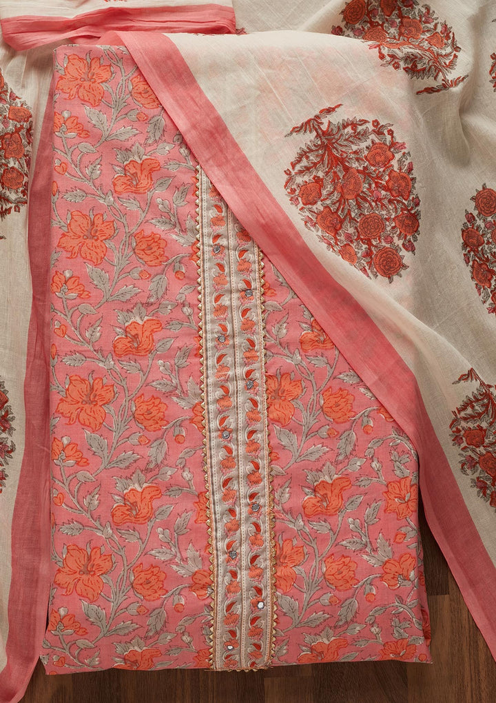 Pink Zariwork Cotton Unstitched Salwar Suit-Koskii