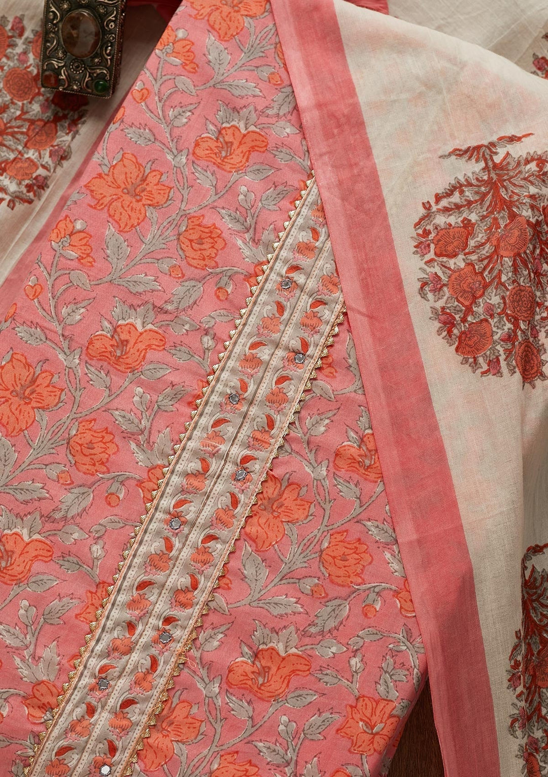 Pink Zariwork Cotton Unstitched Salwar Suit-Koskii