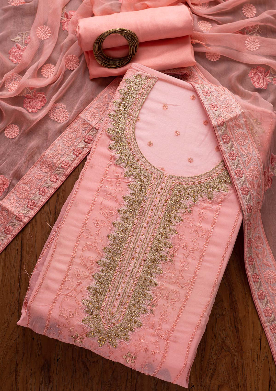Pink Zariwork Georgette Designer Unstitched Salwar Suit - koskii