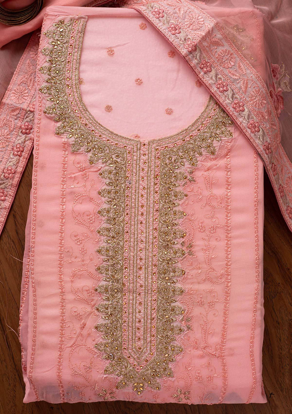 Pink Zariwork Georgette Designer Unstitched Salwar Suit - koskii