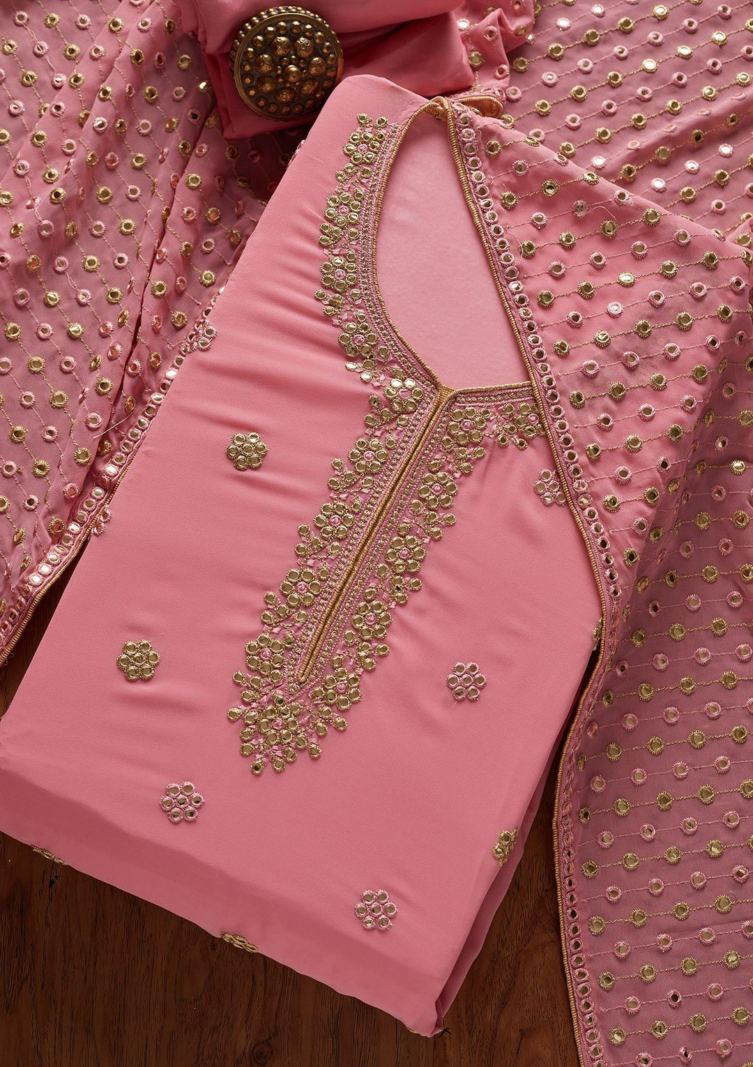 Pink Zariwork Georgette Designer Unstitched Salwar Suit - koskii
