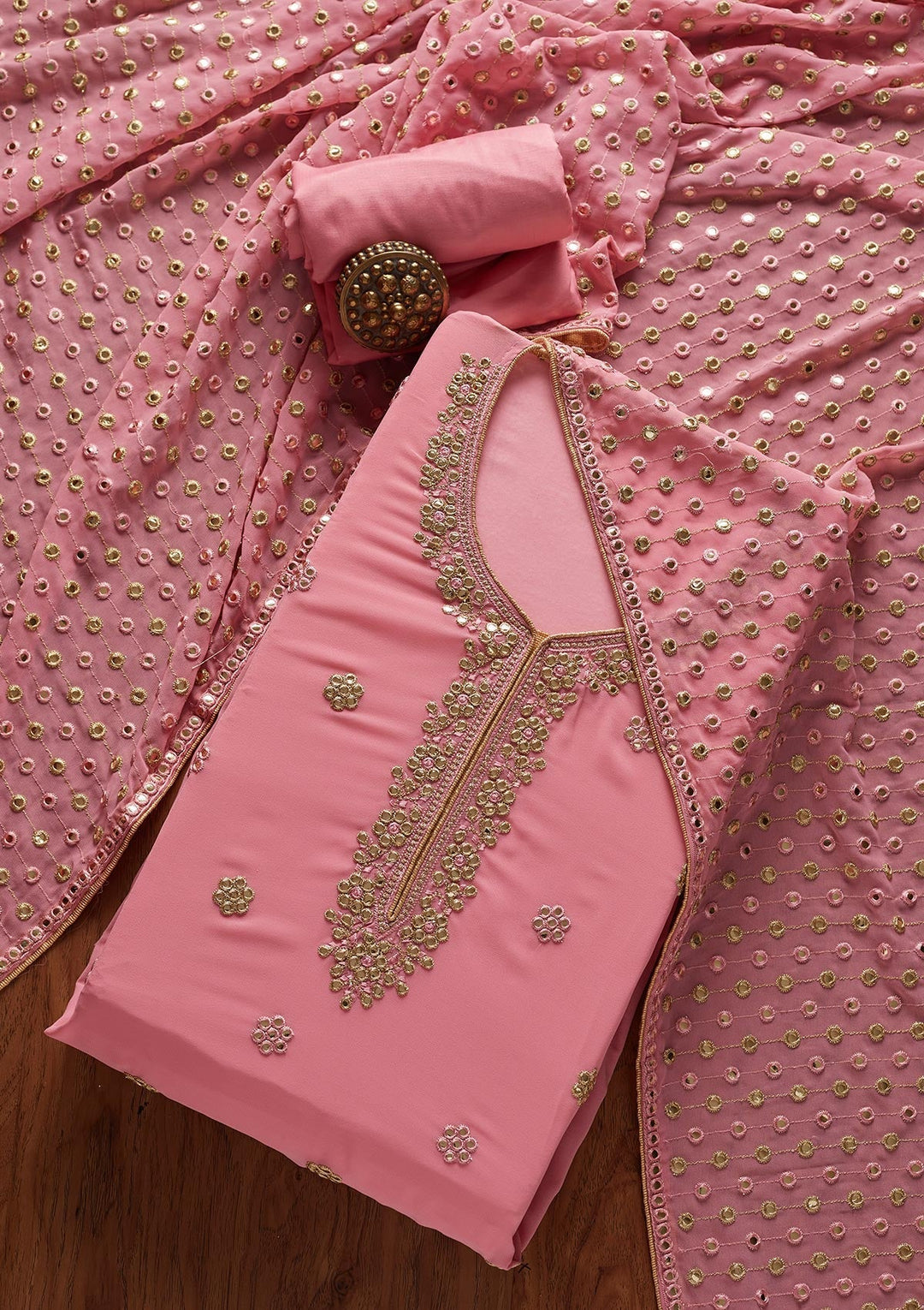 Pink Zariwork Georgette Designer Unstitched Salwar Suit - koskii