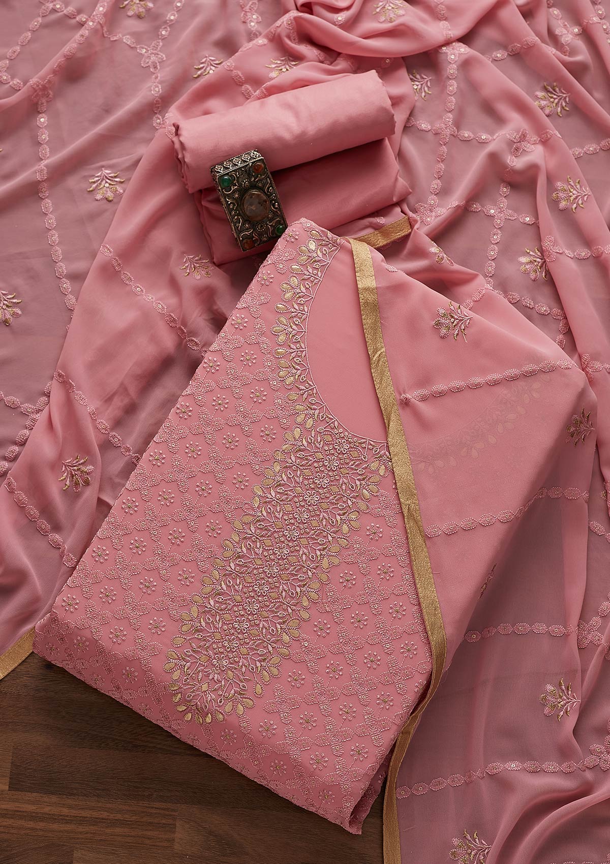 Pink Zariwork Georgette Designer Unstitched Salwar Suit - Koskii