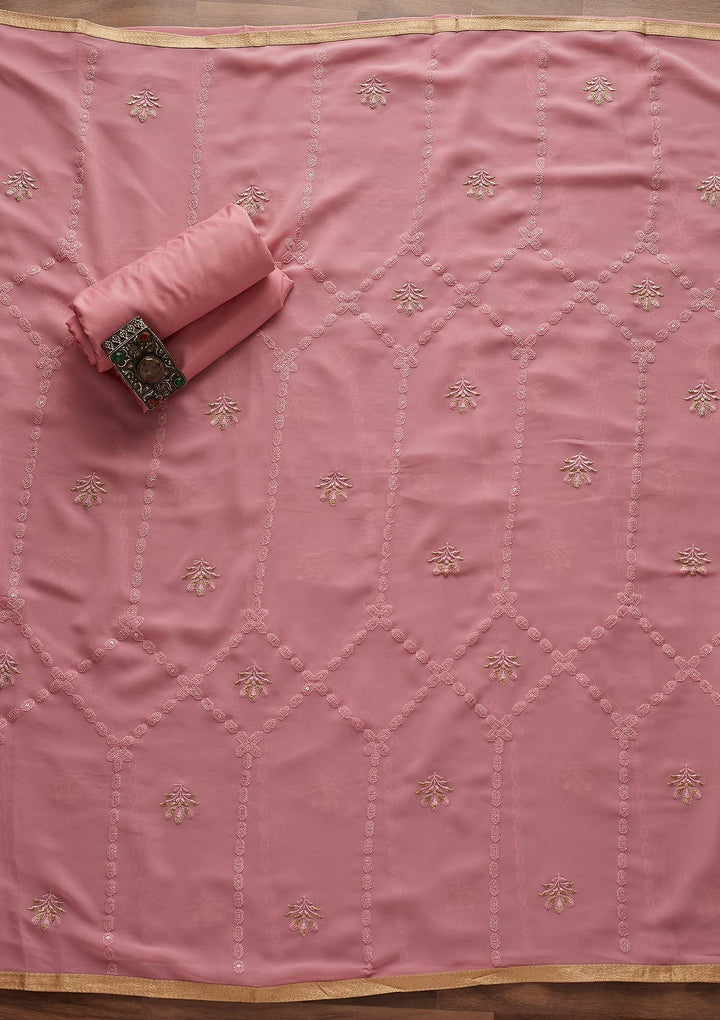 Pink Zariwork Georgette Designer Unstitched Salwar Suit - Koskii