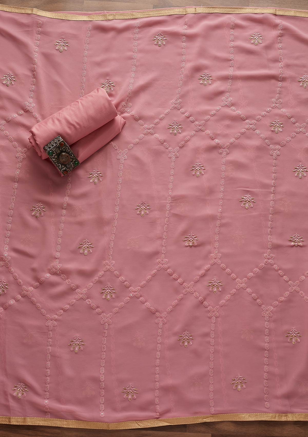 Pink Zariwork Georgette Designer Unstitched Salwar Suit - Koskii